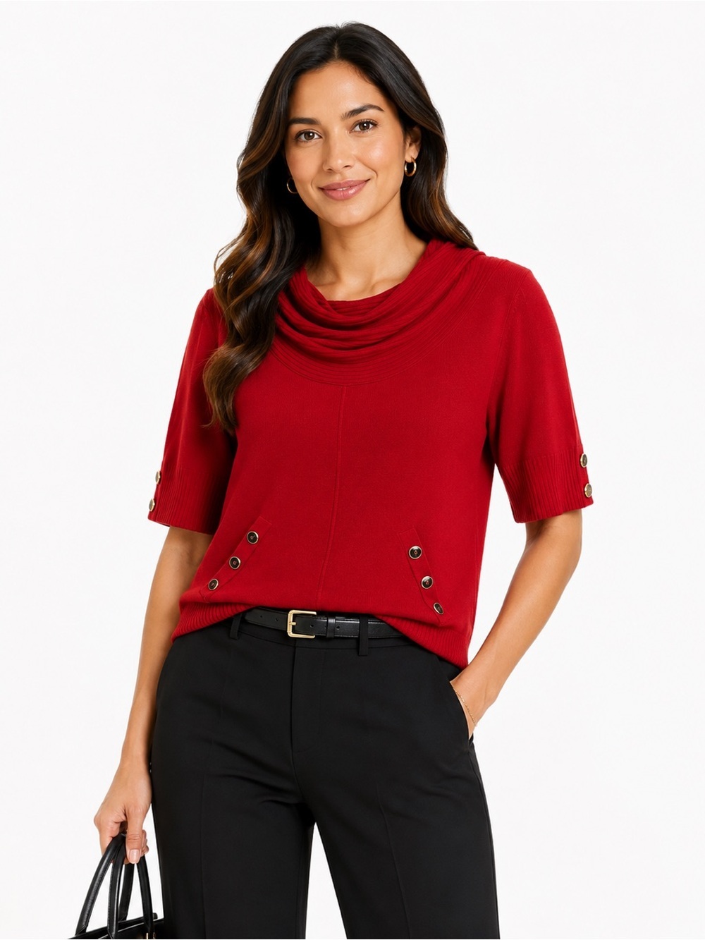 Soft Surroundings Red Cowl Neck Sweater Tunic Top Button Detail Size L